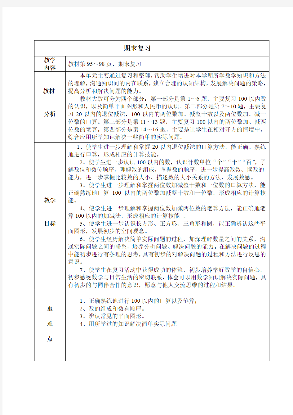 苏教版一年级数学  教材分析