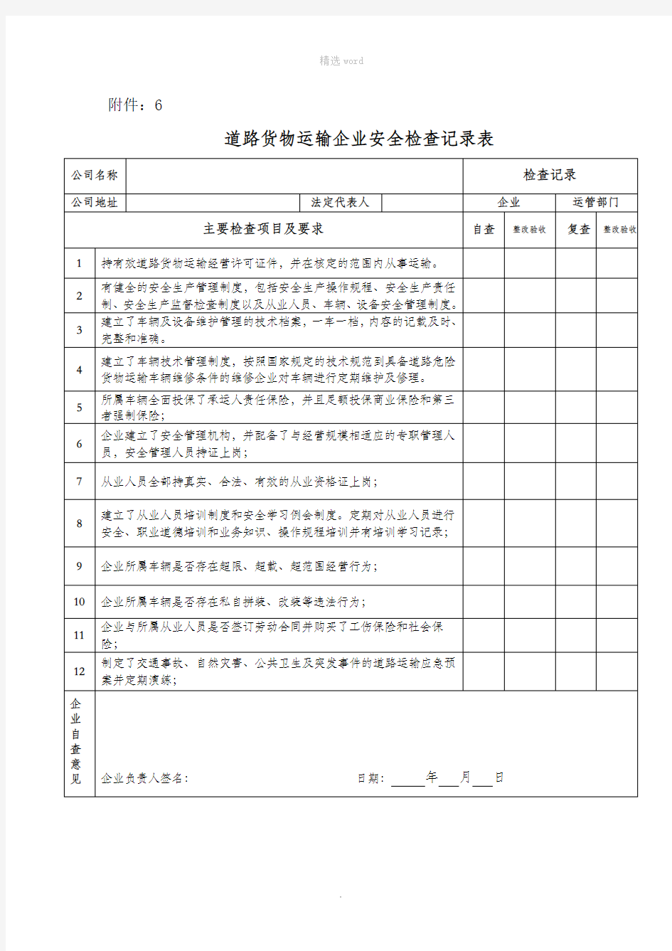 道路货物运输企业安全检查记录表