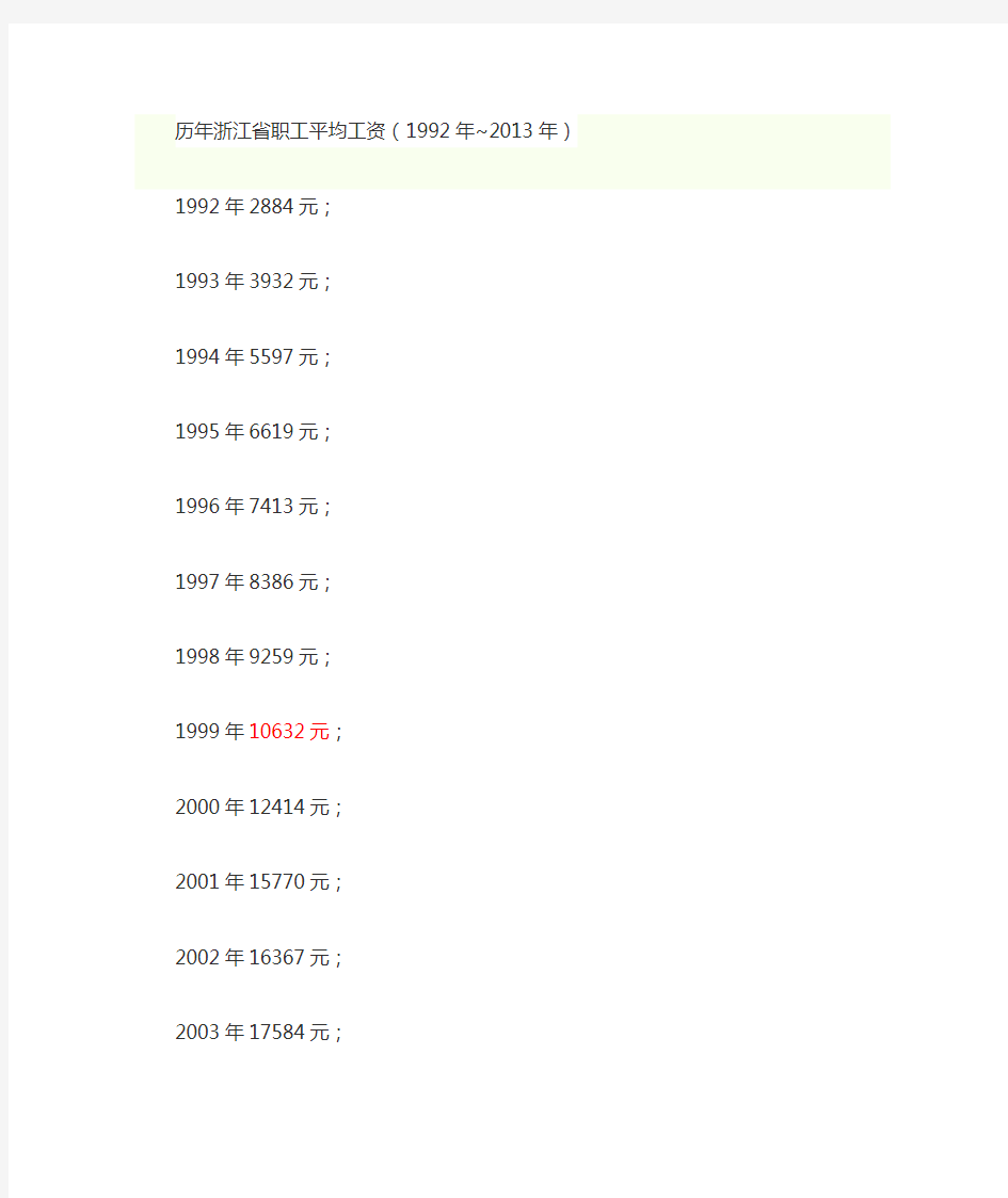 历年浙江省职工平均工资(1992年~2013年)