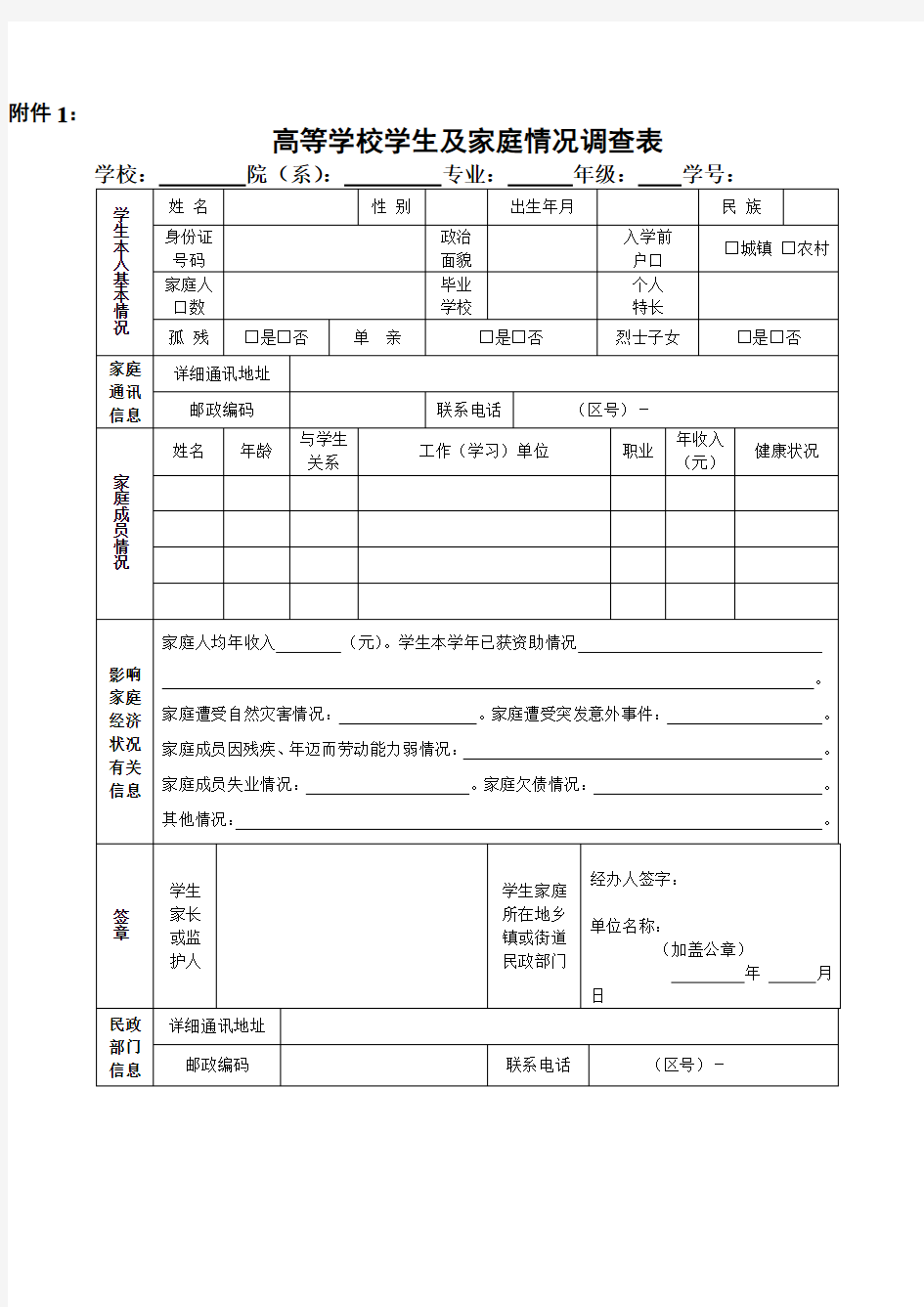 大学生贫困认定申请表