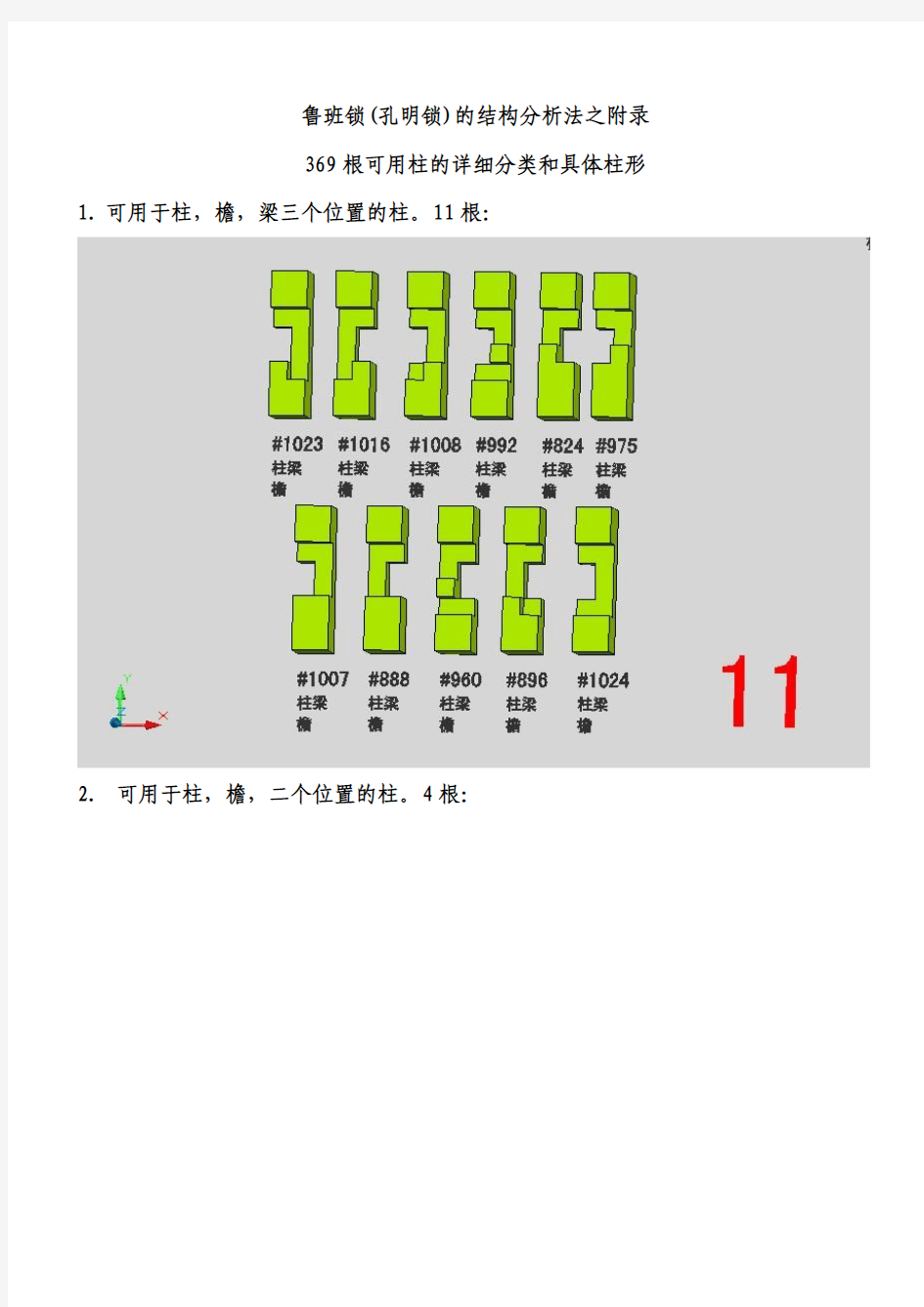 鲁班锁(孔明锁)的结构分析法之附录——369根可用柱的详细分类和具体柱形之一