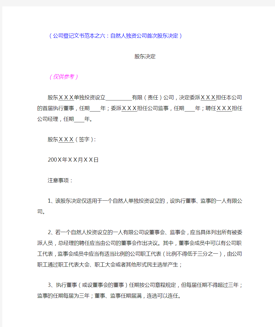 自然人独资公司的首次股东决定