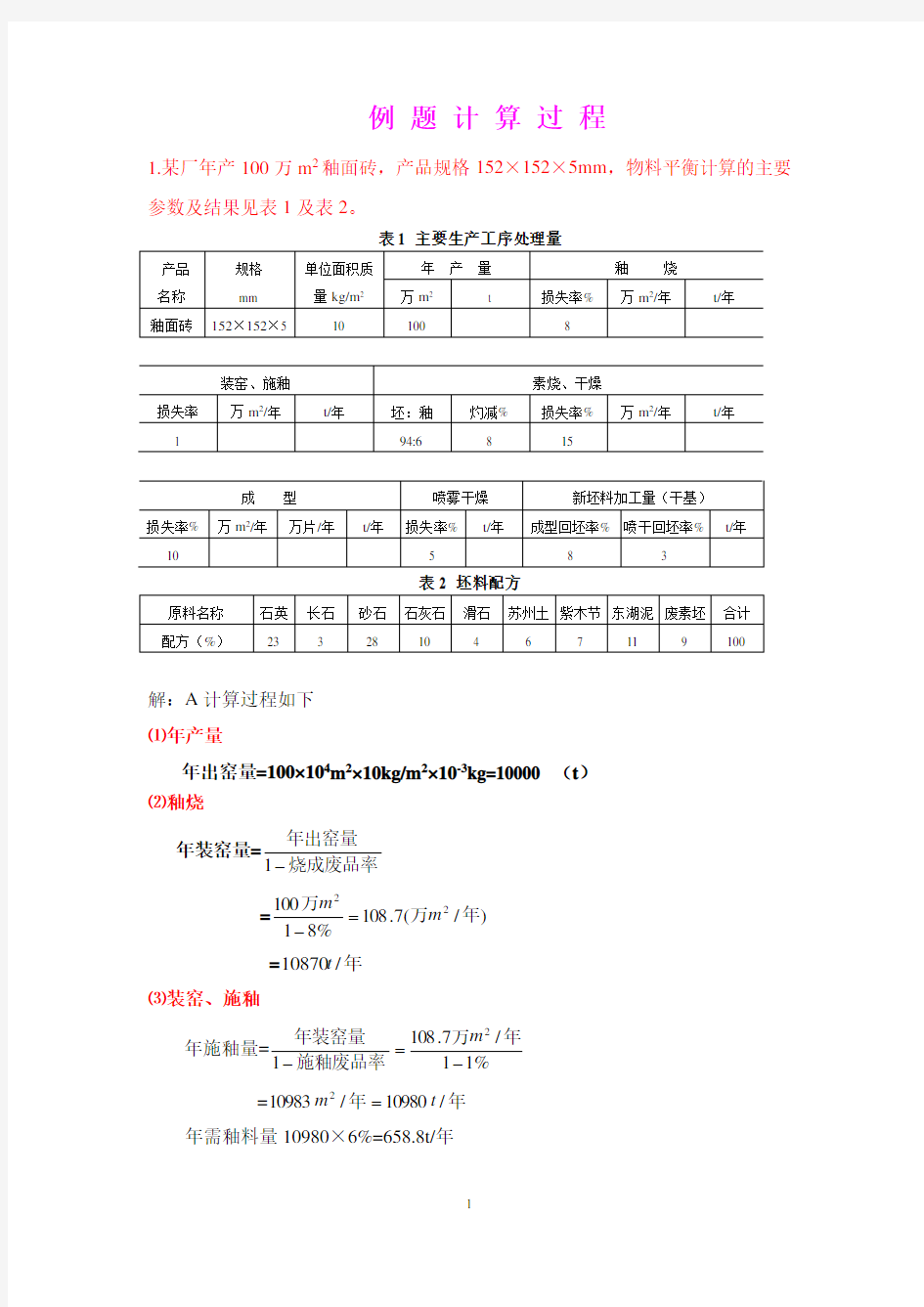 工厂设计概论 物料平衡计算例题