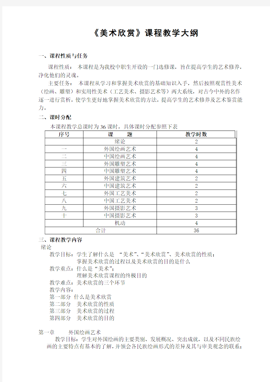 美术欣赏课程教学大纲