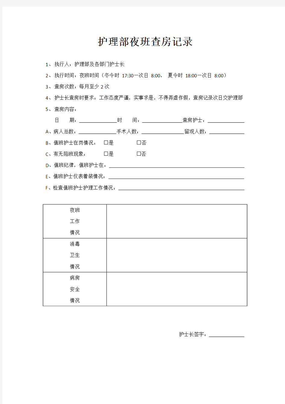 护理部夜班查房记录