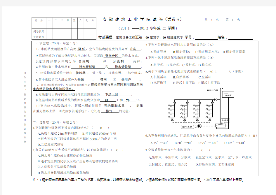 安徽建筑大学建筑学建筑设备考试样卷