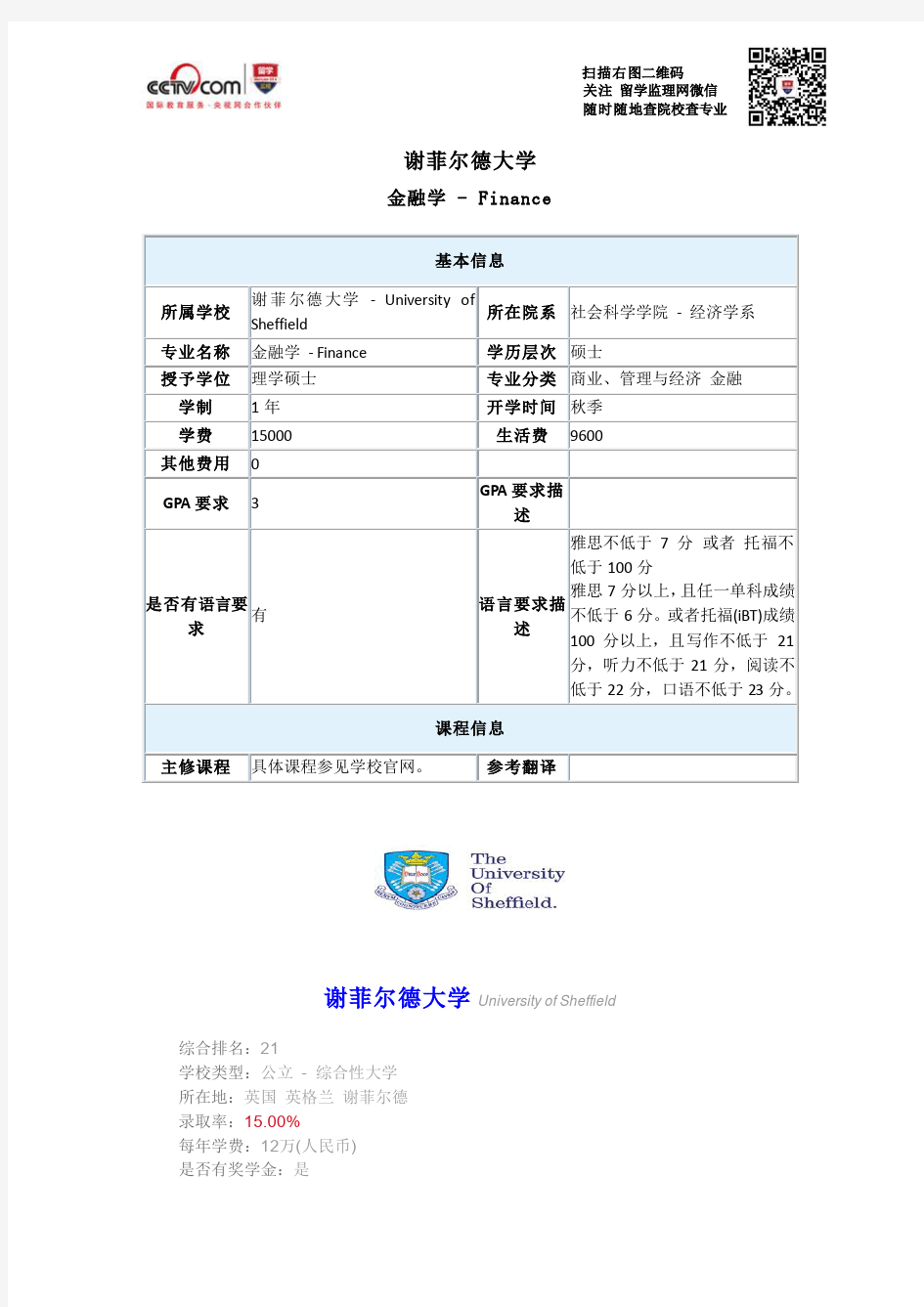 谢菲尔德大学金融学硕士要求