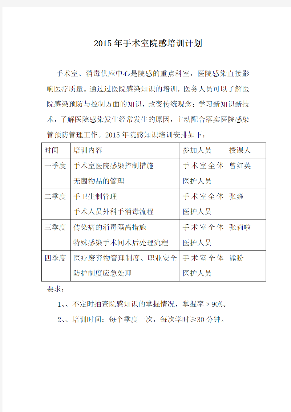 2015年手术室院感培训计划