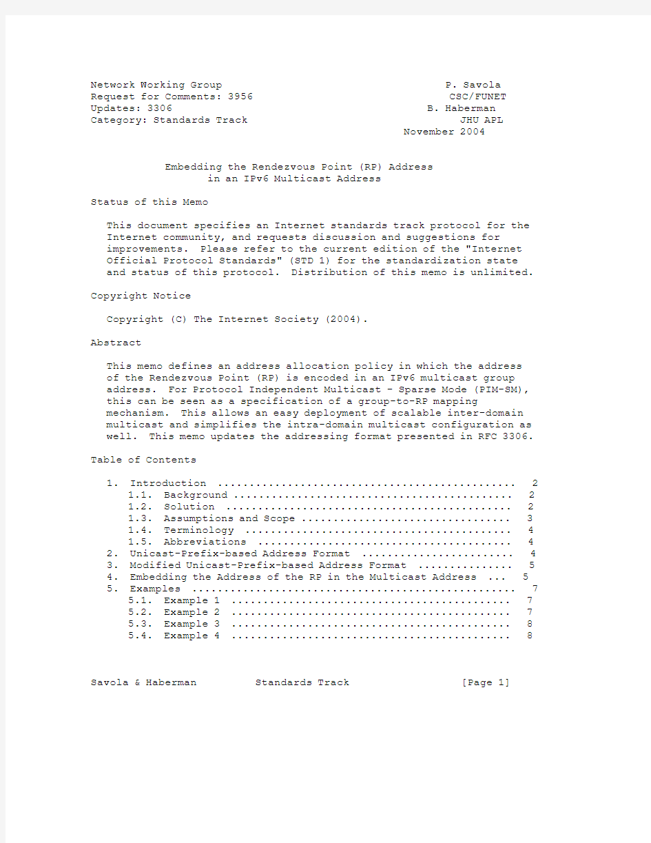 rfc3956.Embedding the Rendezvous Point (RP) Address in an IPv6 Multicast Address