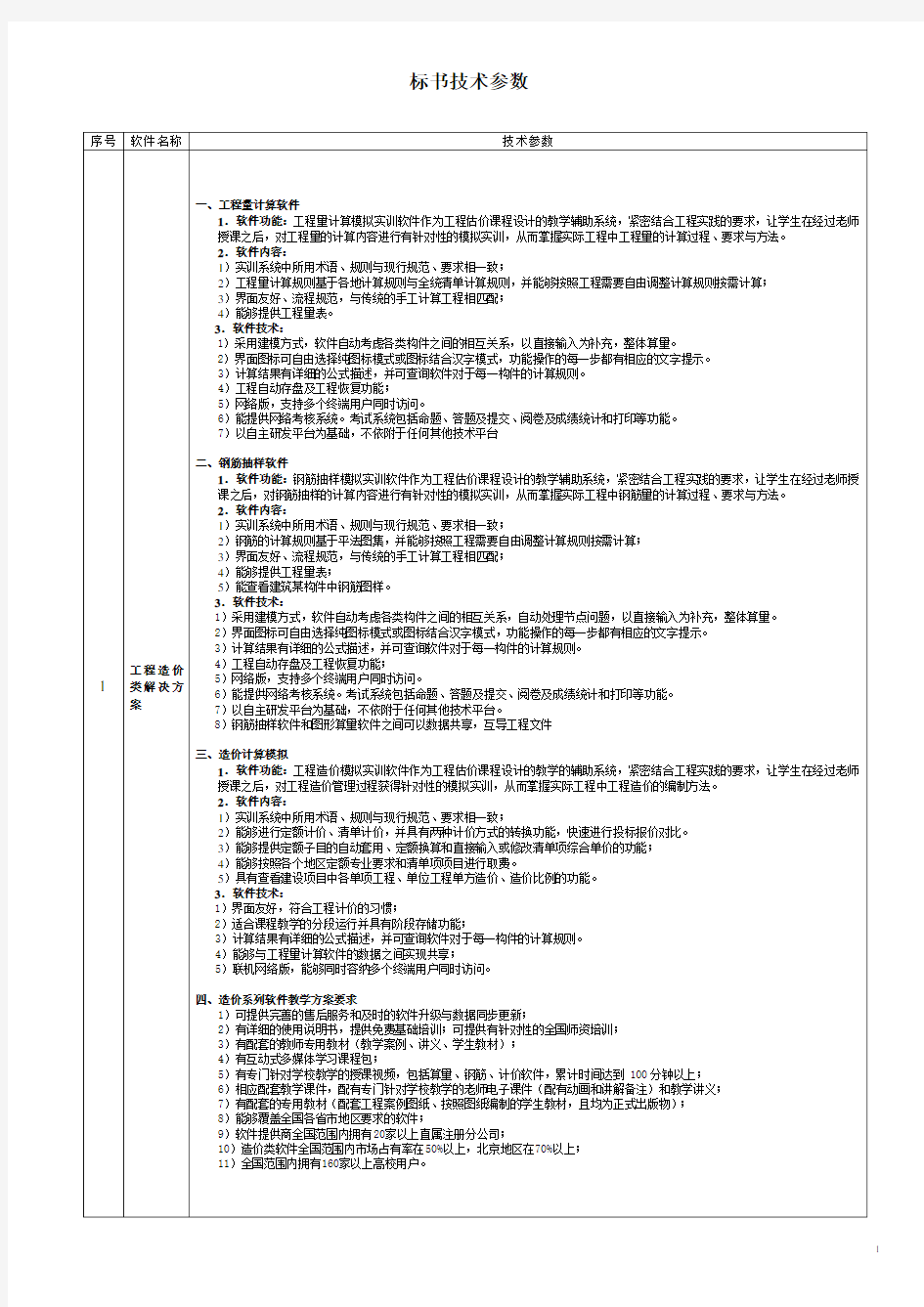 软件标书技术参数资料