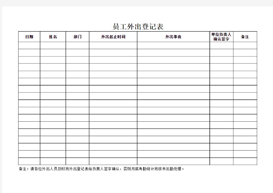 员工外出登记表(空白模板)