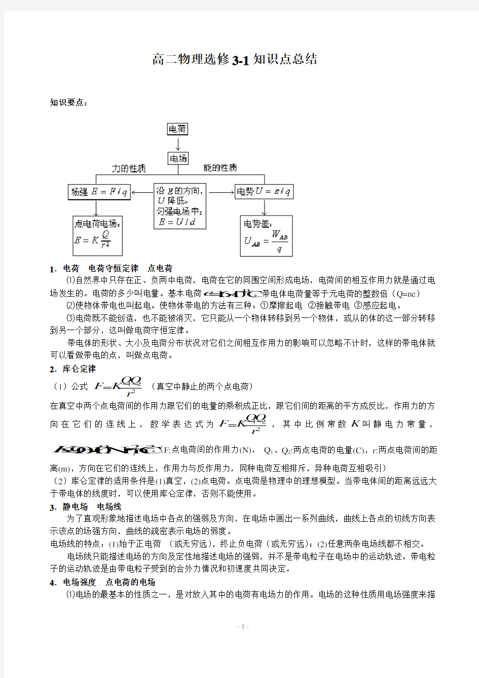 高二物理选修3-1知识点总结