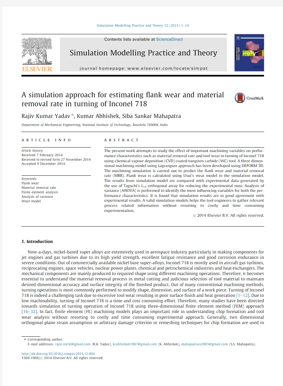 A simulation approach for estimating flank wear and material removal rate in turning of Inconel 718