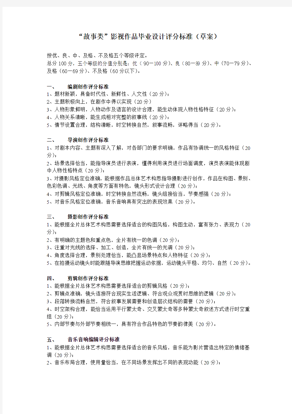 故事类影视作品毕业设计评分标准