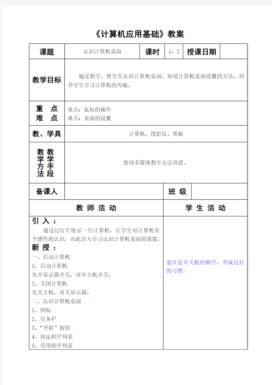 (完整版)《认识计算机桌面》教案