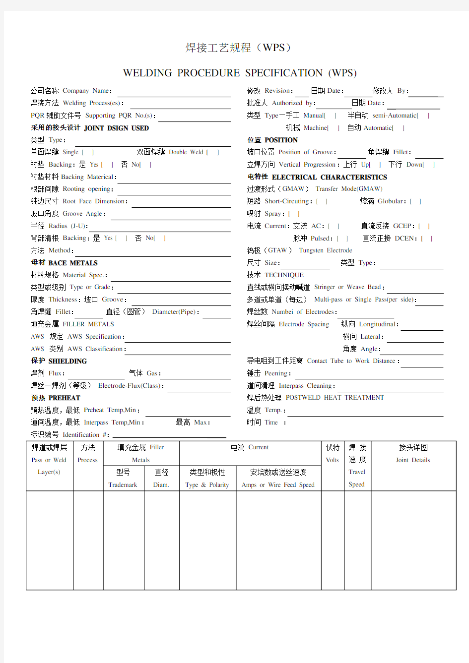 AWS D1.1焊接工艺规程中英文对照模板