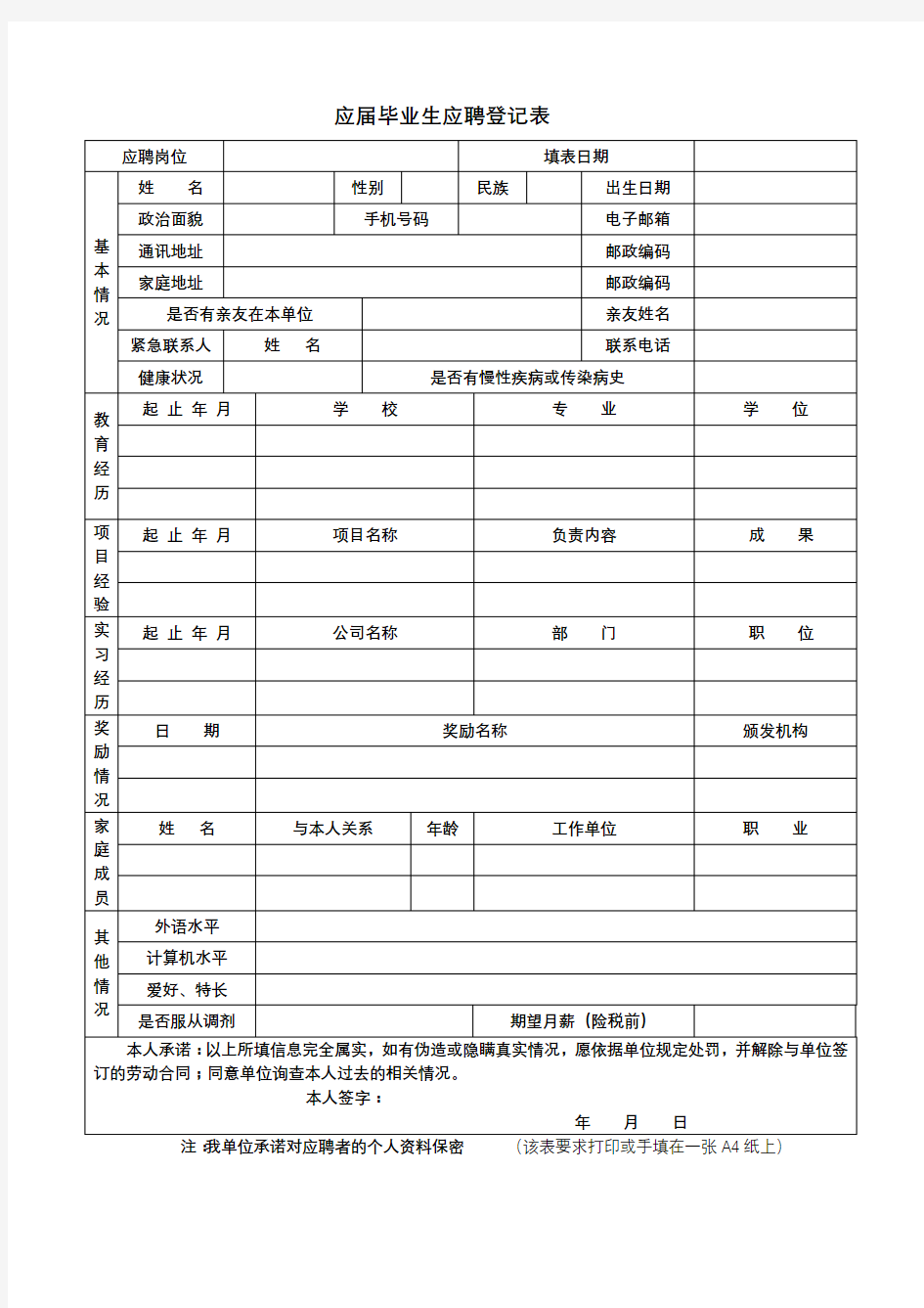 应届毕业生应聘登记表【模板】