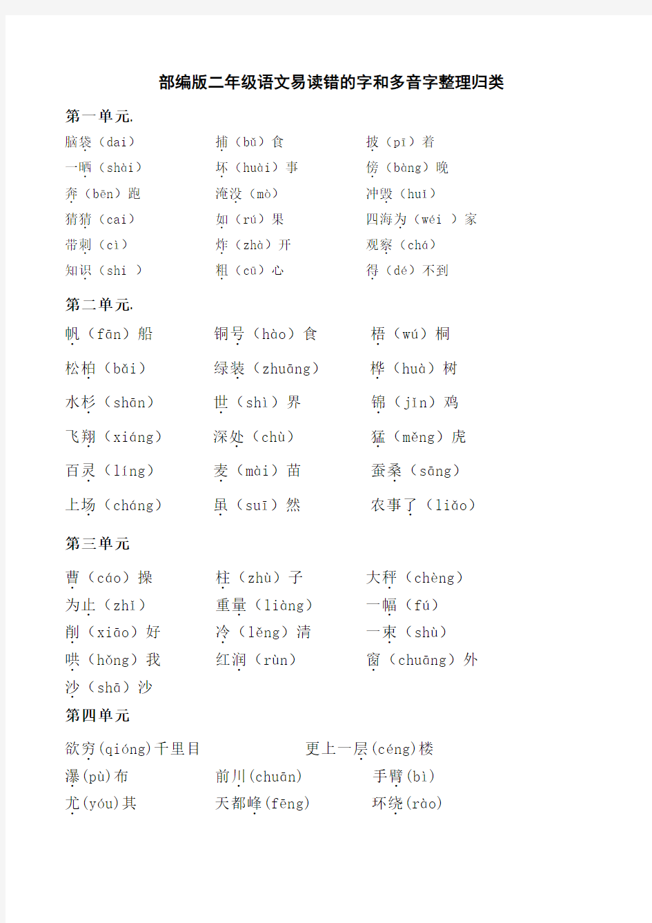 部编版二年级语文易读错的字和多音字整理归类