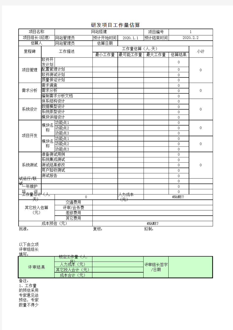 软件开发项目预算表