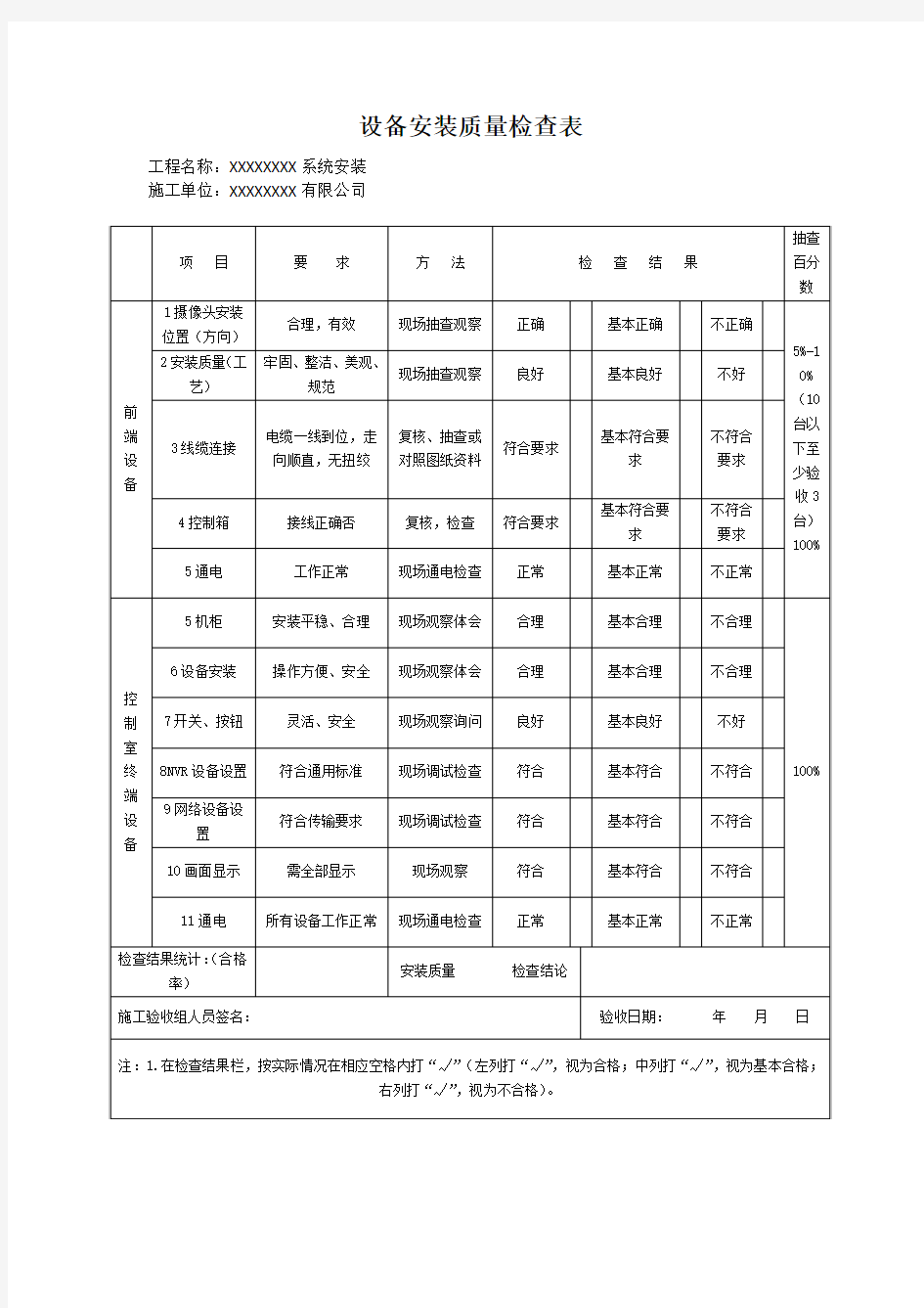 安防设备安装质量检查表