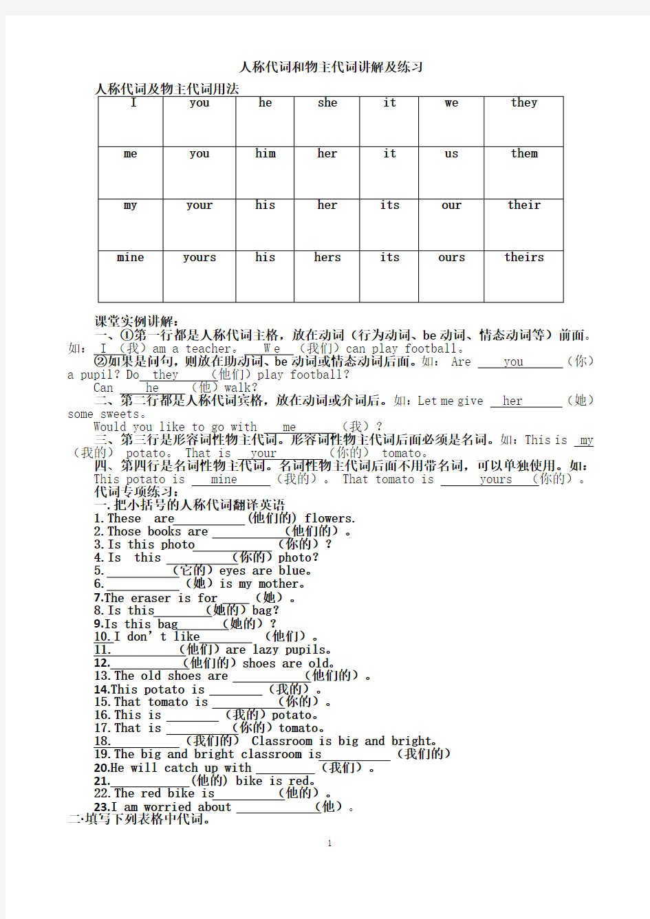 人称代词和物主代词讲解及练习