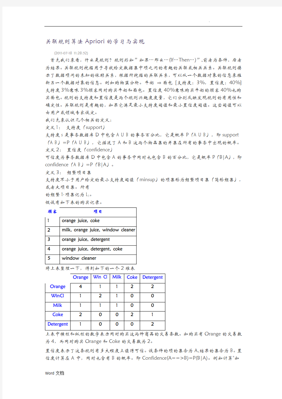 关联规则算法Apriori的学习与实现