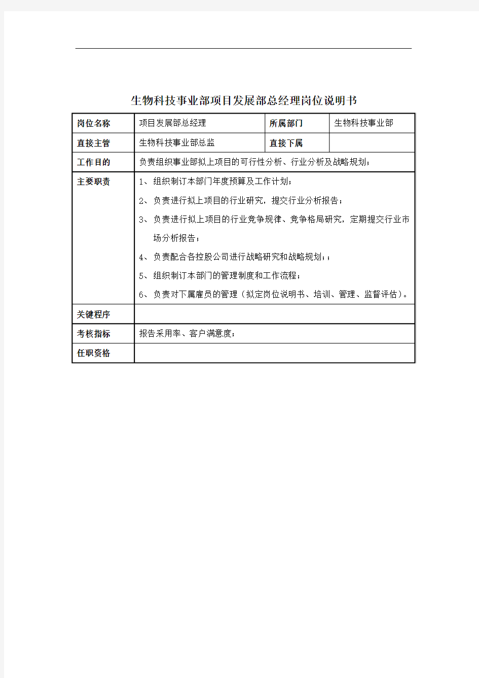 生物科技事业部项目发展部总经理岗位说明书.doc