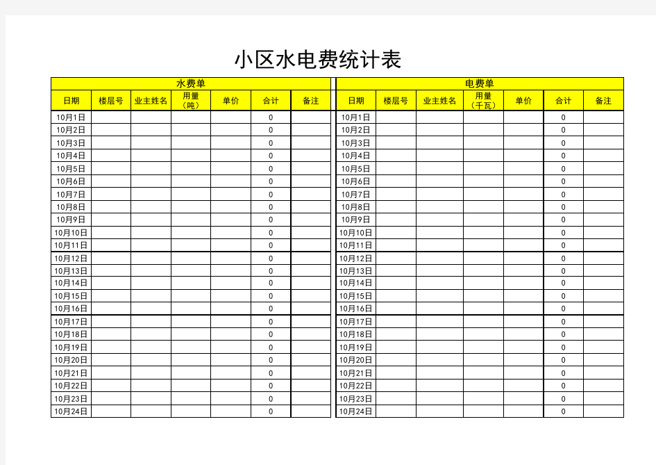 小区水电费统计表