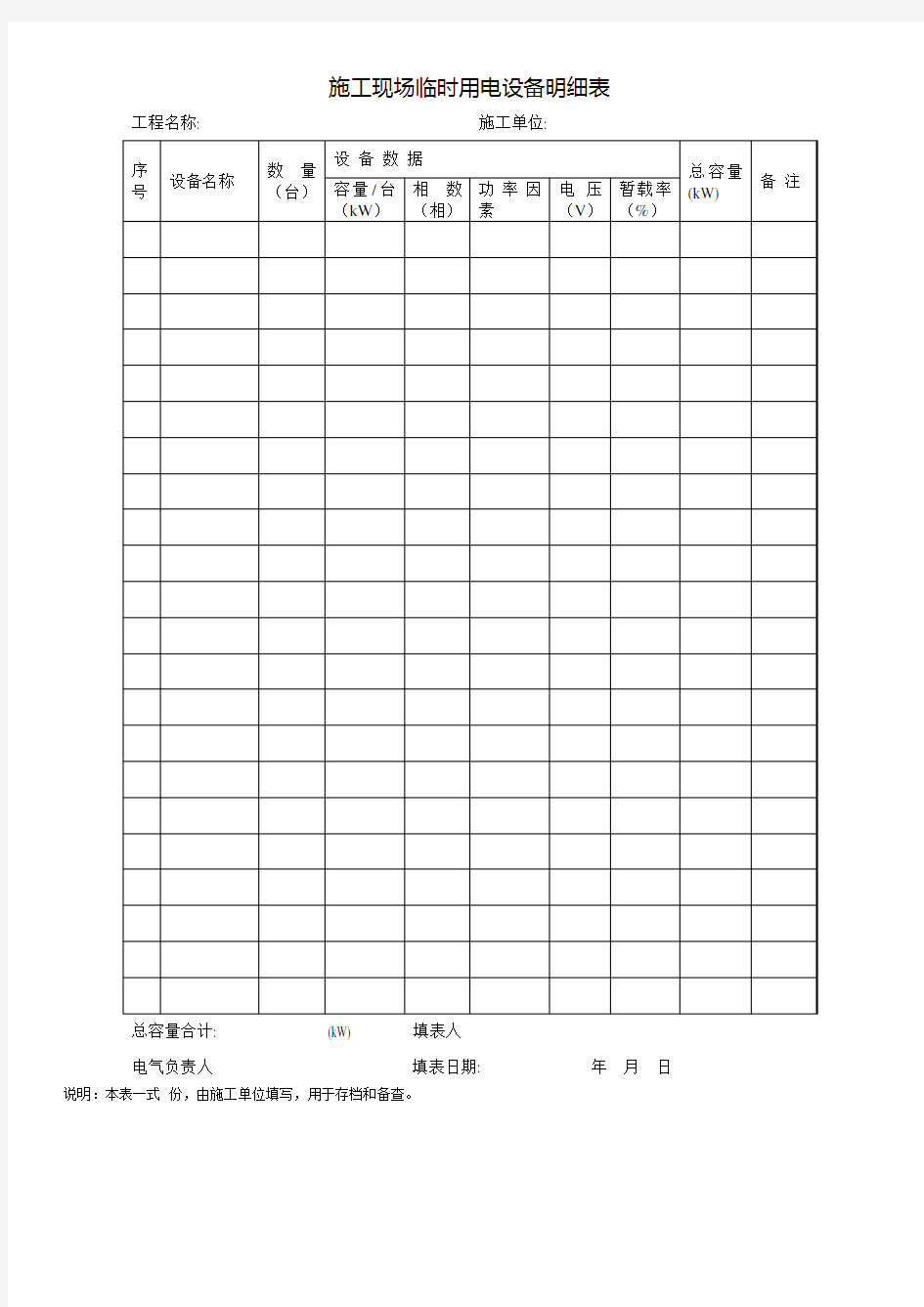 施工现场临时用电设备明细表