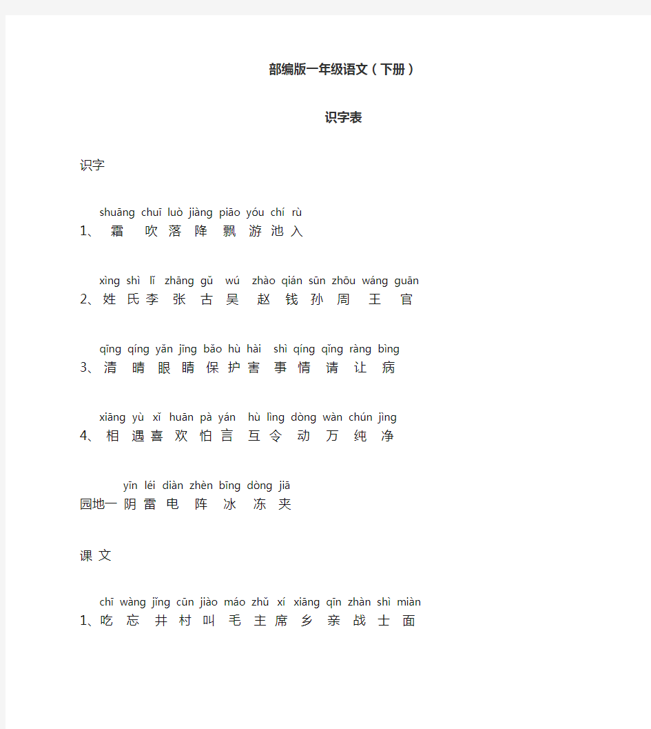 2020年部编人教版语文一年级下册识字表