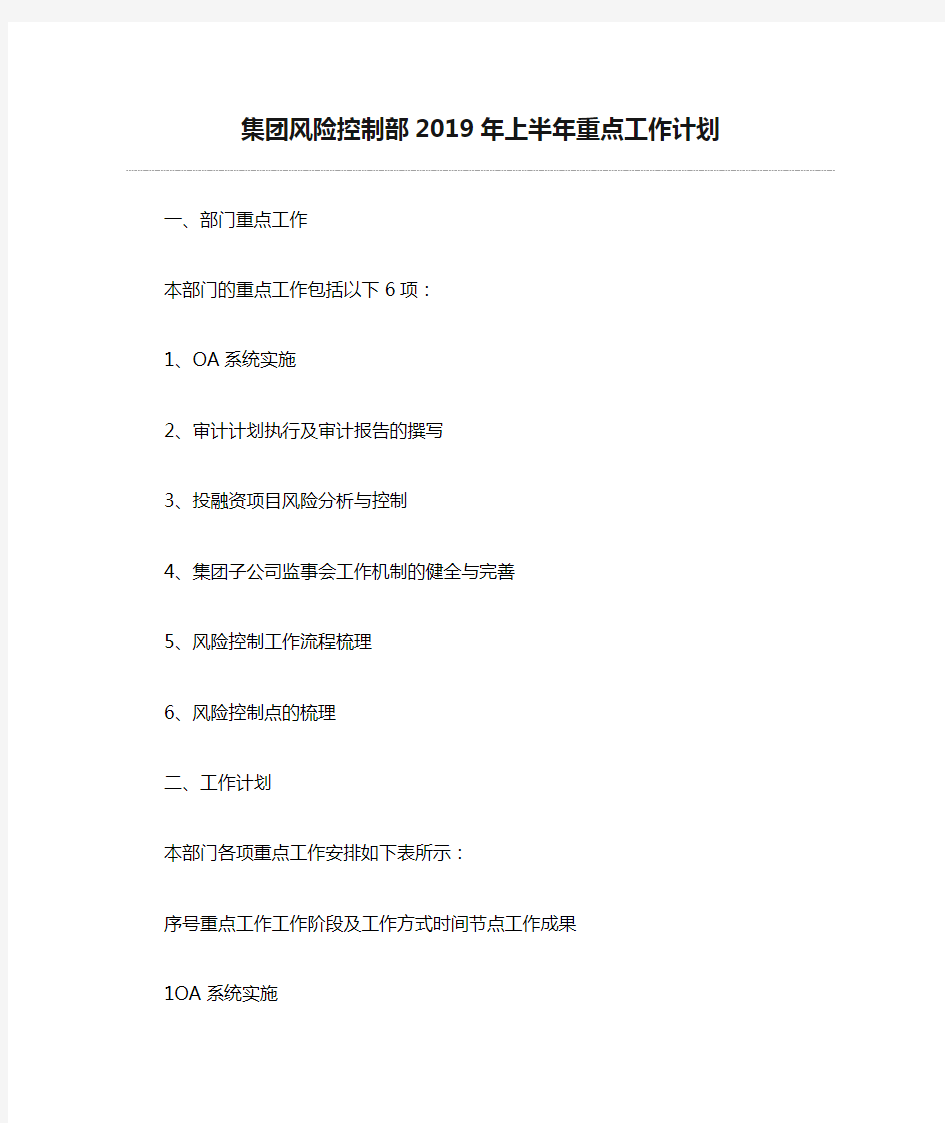 集团风险控制部2019年上半年重点工作计划