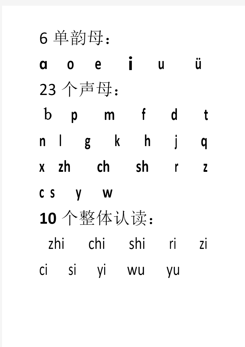 6个单韵母,23个声母,10个整体认读