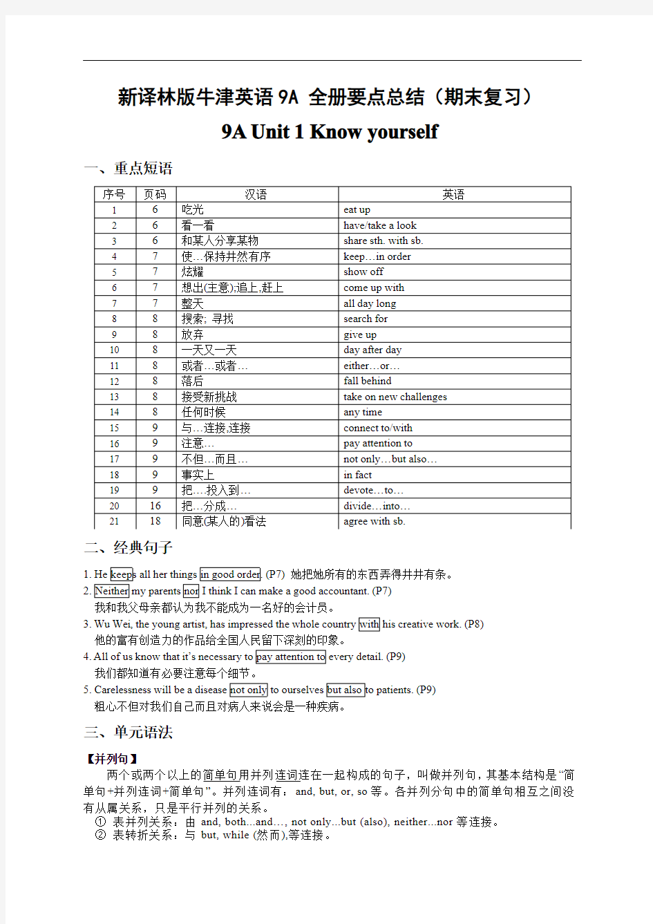 新译林版牛津英语9A 全册要点总结(期末复习)