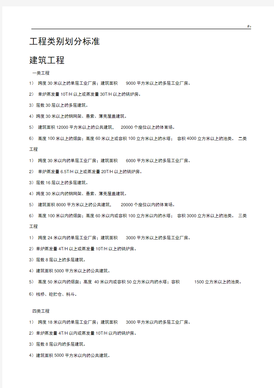 各专业建筑项目工程类别划分标准