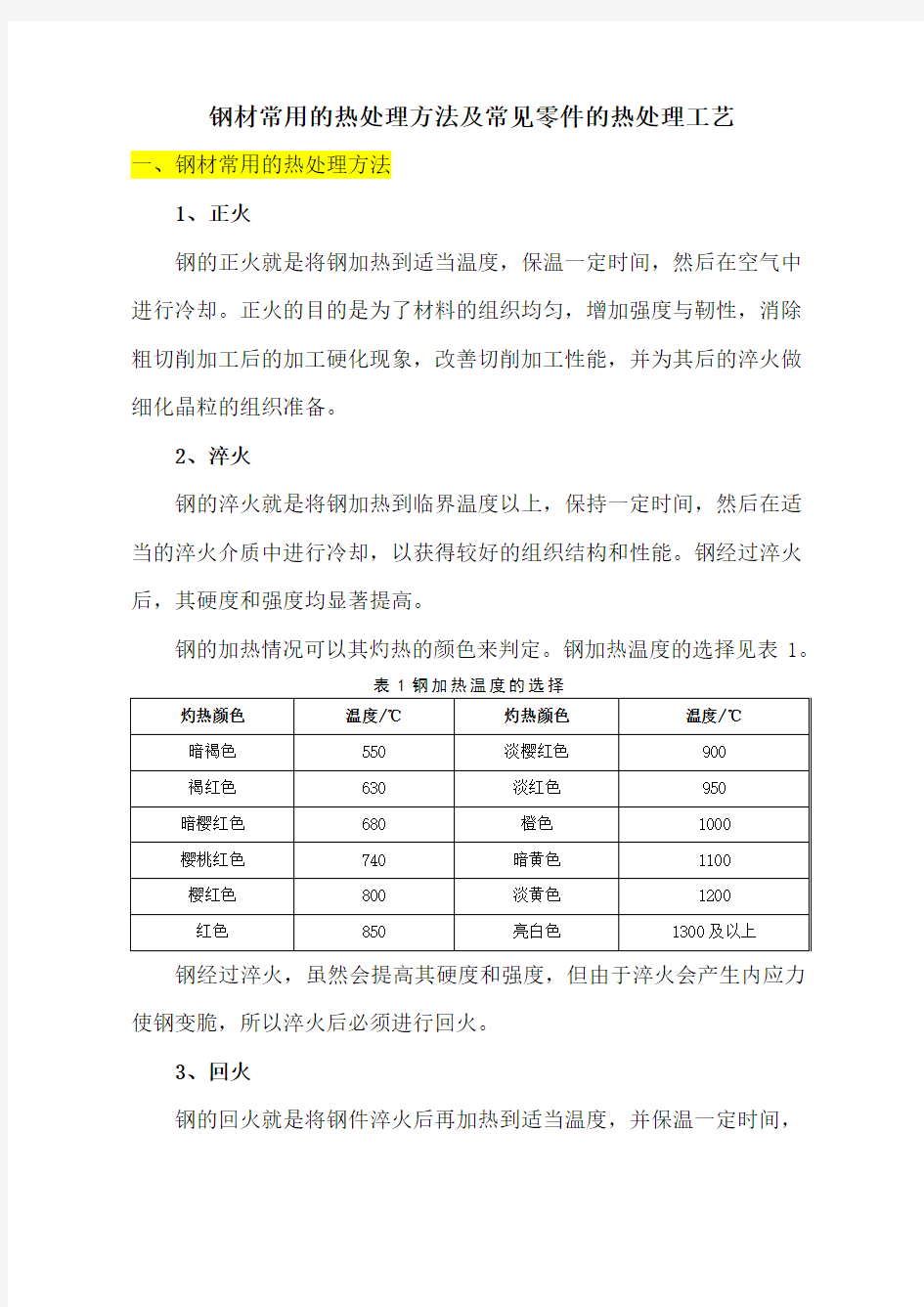 钢材常用的热处理方法及常见零件的热处理