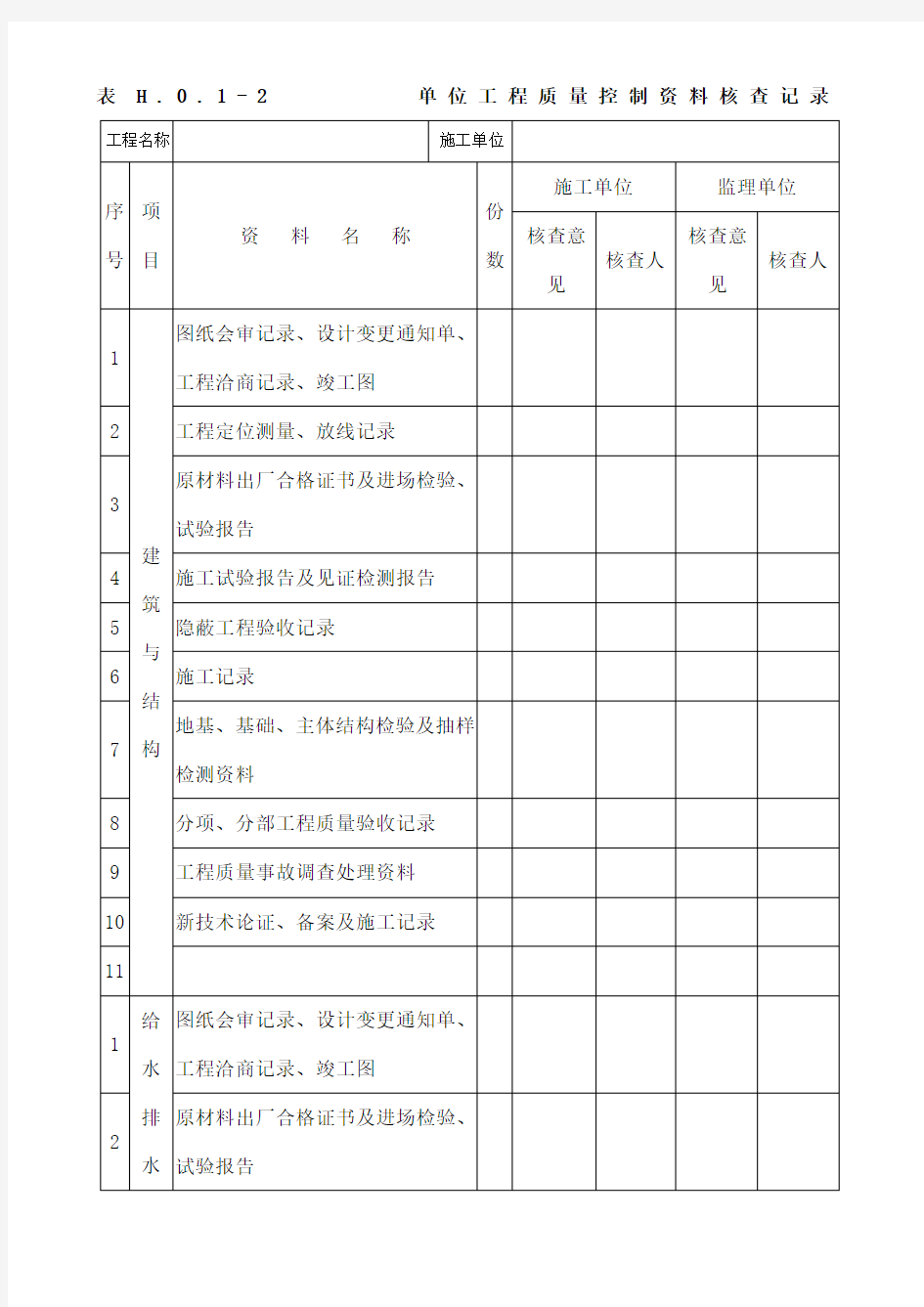 建筑工程施工质量验收统一标准表H单位工程质量控制资料核查记录