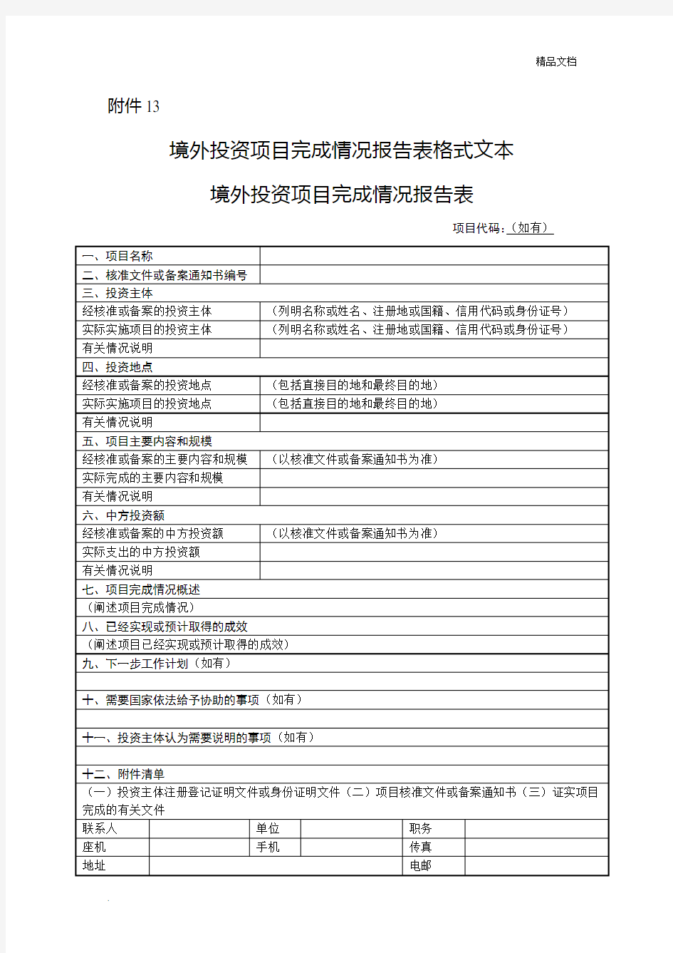 境外投资项目完成情况报告表格