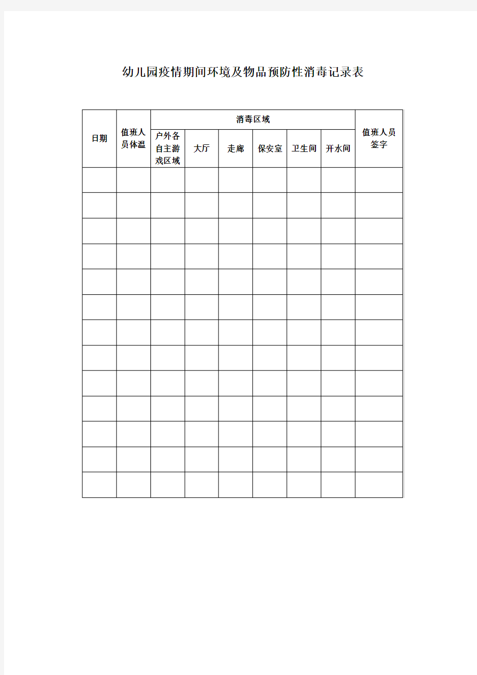 疫情期间环境及物品预防性消毒记录表