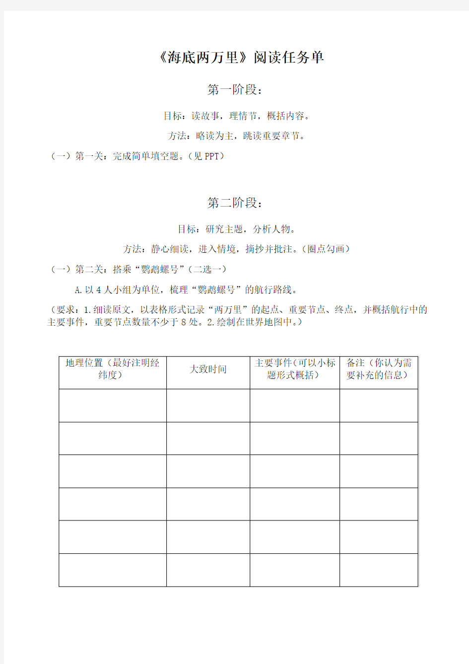 海底两万里阅读任务清单