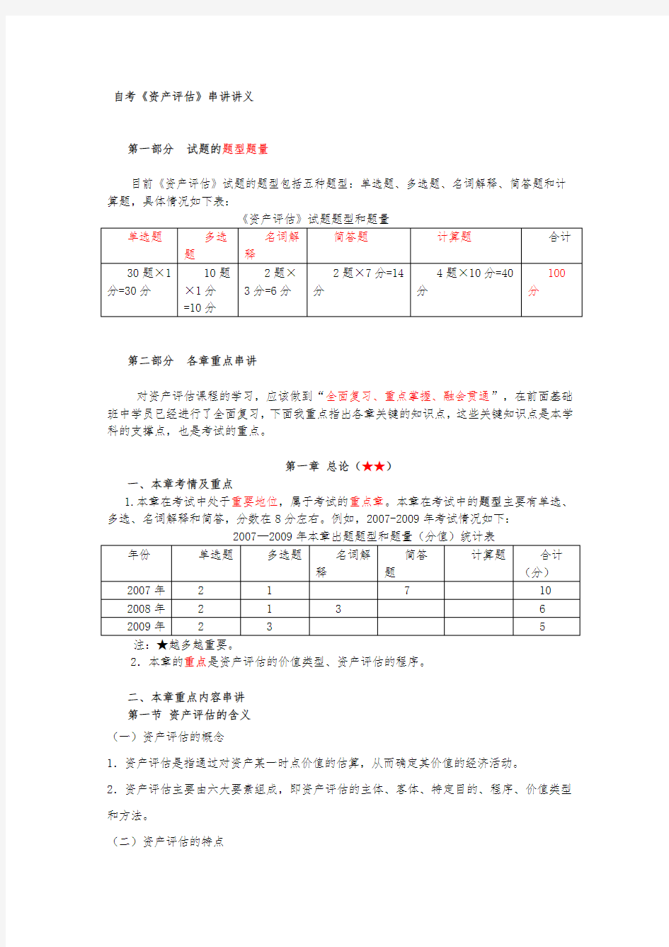 自考资产评估最完整的重点串讲