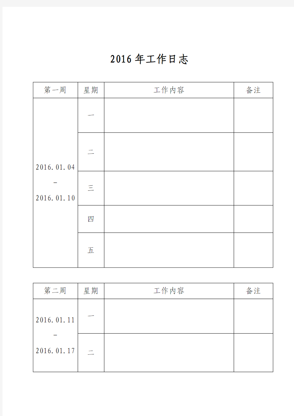 2016年1-12月工作日志(模板)