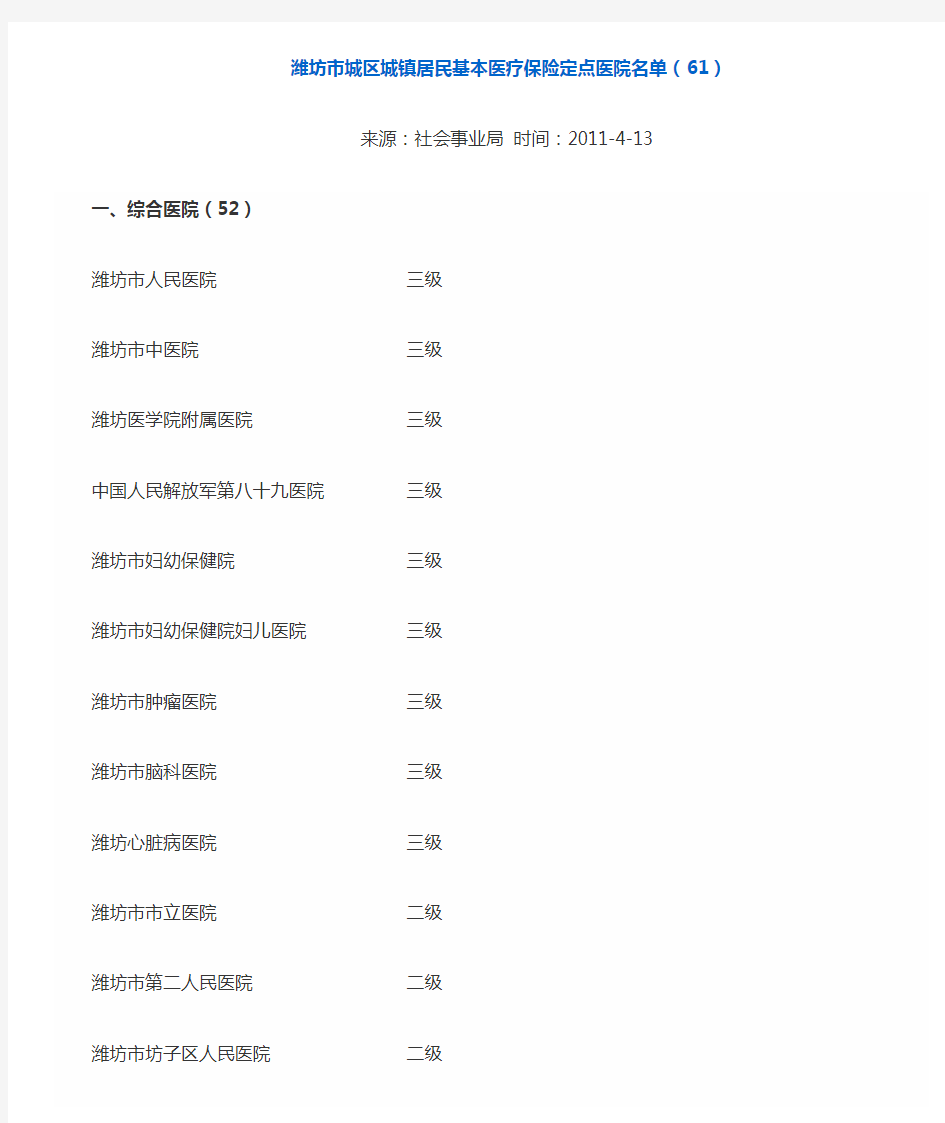 潍坊市城区城镇居民基本医疗保险定点医院名单