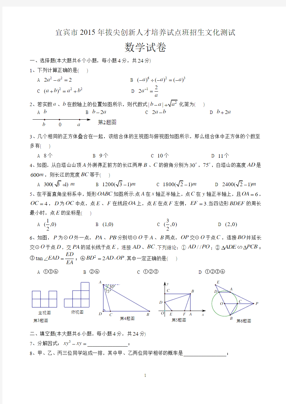 宜宾市2015年拔尖创新人才培养试点班招生文化测试数学试题(含参考答案)