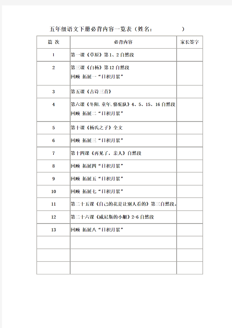 五年级语文下册必背内容一览表