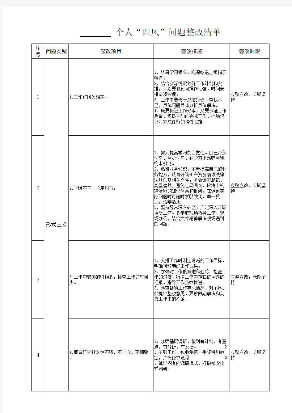 个人“四风”问题整改清单