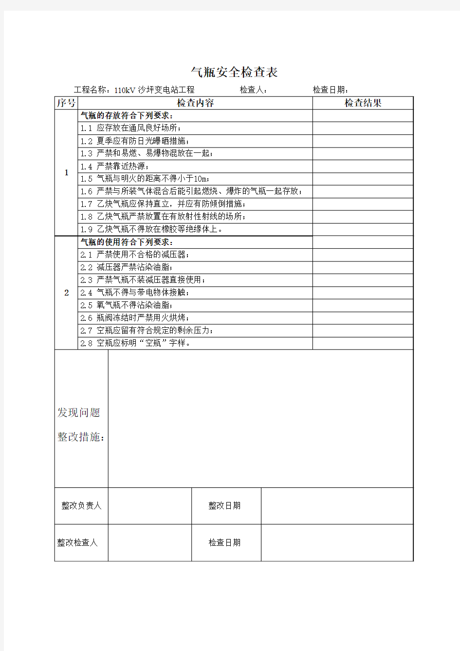 气瓶安全检查表