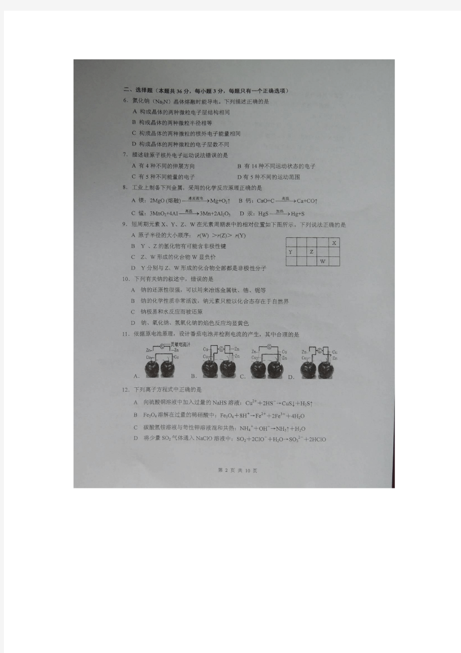 上海市十三校2015届高三第二次联考化学试题(扫描版)