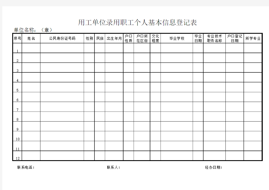 天津用工单位录用职工个人基本信息登记表