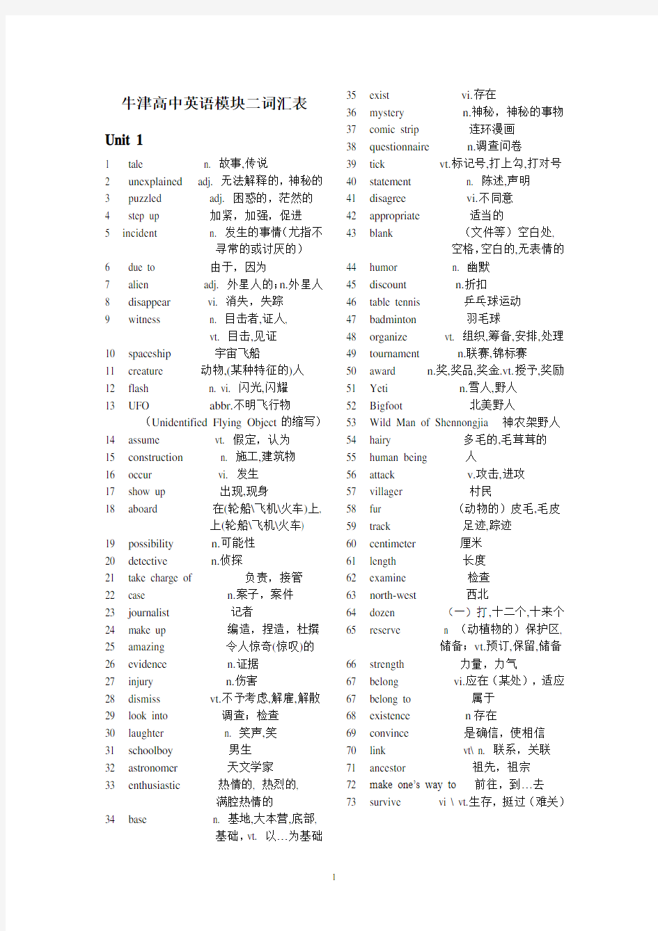 牛津高中英语单词模块二词汇表