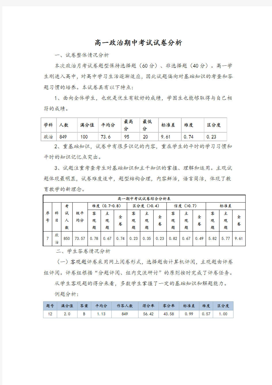 高一政治期中试卷分析